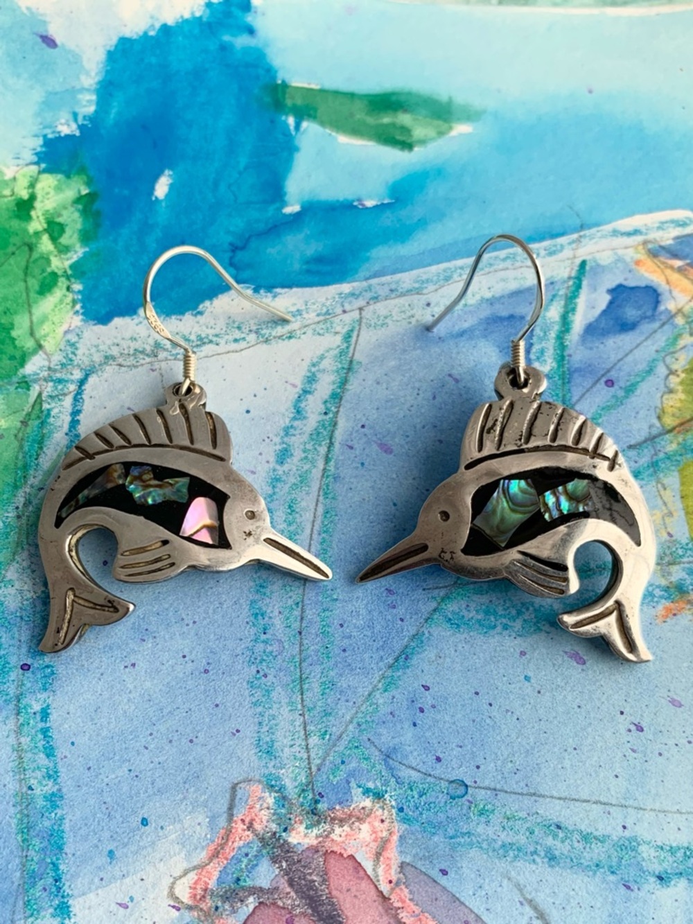 Chunky Swordfish Abalone Inlay Sterling Silver earrings vintage Marlin Mexican